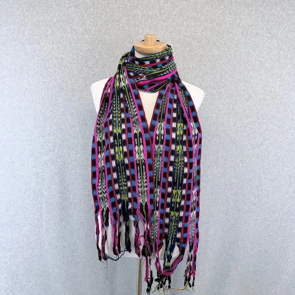 Womens Multicolor Woven Geometric Stripe Scarf Long Fringe Boho Festival Pink